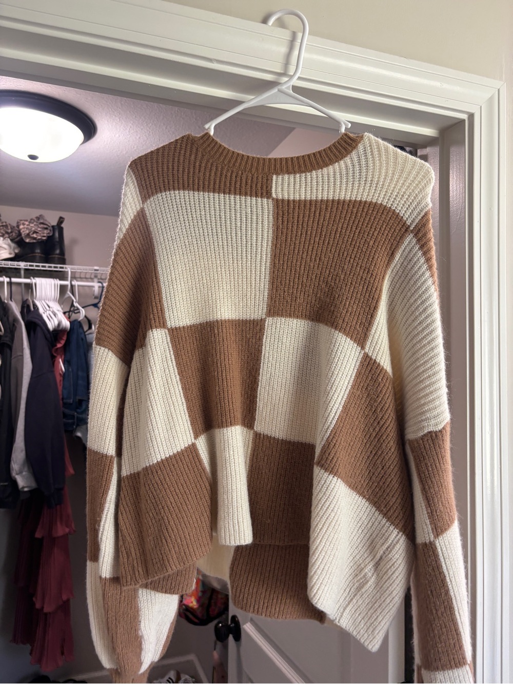 Relaxed Checkerboard Crewneck Sweater in Cream & Brown